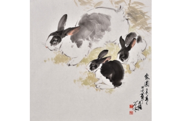 王文强写意动物画作品兔子《家园 合家欢》