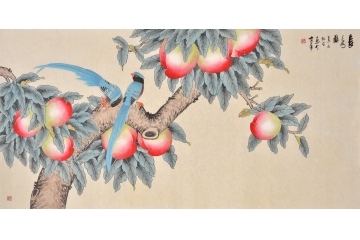 花鸟画家仇谷工笔画作品喜鹊寿桃《长寿图》