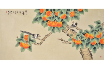 事事如意 仇谷工笔花鸟画作品喜鹊柿子