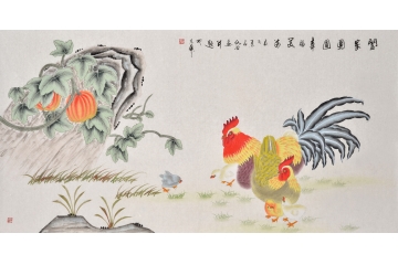 雄鸡图 画家仇谷花鸟画作品《阖家团圆幸福美满》