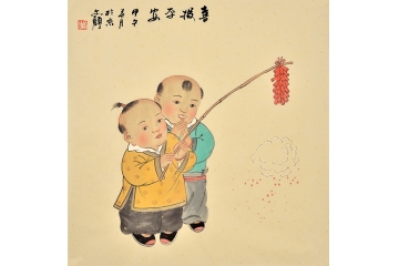 何文铮人物画作品风俗系列《喜报平安》 儿童房挂画