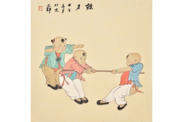 国画家何文铮人物画作品风俗系列《较力》 斗方画