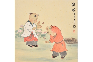 何文铮风俗人物画作品系列《戏碟》 儿童房装饰画