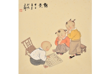 斗方装饰画 何文铮风俗人物画作品系列《对弈》