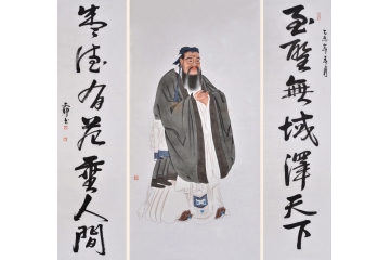 人物画名家何文铮工笔人物画作品孔子像 精品中堂画
