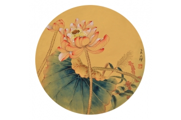 书画名家何文铮工笔荷花图作品《荷塘清趣之九》