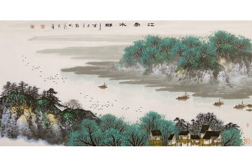 张朝彬四尺横幅山水画作品《江南水乡》
