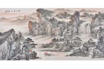 书画名家林德坤写意山水画作品《旭日南山》