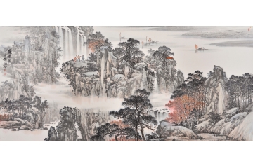 当代国画名家林德坤写意山水画作品《观瀑图》