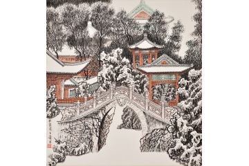 客厅装饰画 戴寿昌四尺斗方山水画作品《颐和园小景》