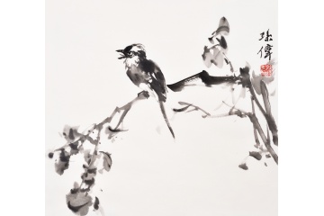 著名画家孙伟写意花鸟画作品《鸟趣》