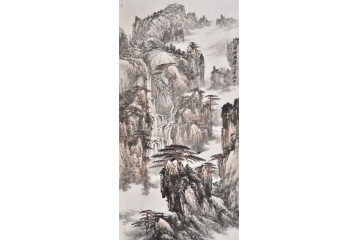 竖幅挂画 林德坤写意山水画作品《高岩鸣瀑》