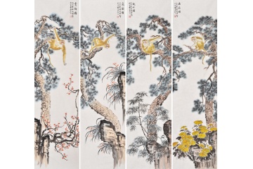 金猿献福图 张金凤国画动物画封侯图系列《金猴四条屏》