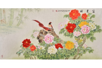 国画一级美术师张利四尺横幅花鸟画牡丹图《富贵园》
