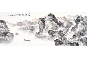 廖正华六尺横幅山水画《明湖见秋色澈底见秋光》