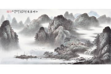 漓江山水 曾耀明四尺横幅山水画作品《江畔渔家》之二