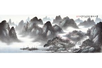 漓江山水 曾耀明六尺横幅山水画作品《漓江雨雾》