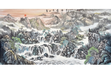 安然八尺横幅客厅山水画作品《春山晨曦图》