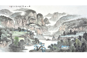 安然六尺横幅写意山水画作品《南山积翠》