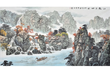 安然六尺横幅写意山水画作品《江流天地外》