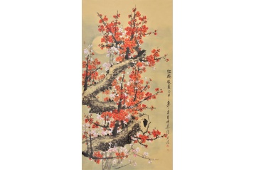 李中华六尺竖幅梅花作品《红梅报春》