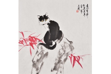 张金凤写意动物画斗方画猫与红竹《虚心有节红运连年》