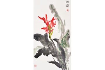 孙伟三尺竖幅写意花鸟画《美人蕉》