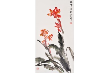 孙伟三尺竖幅写意花鸟画《争奇斗艳》