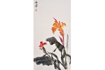 孙伟三尺竖幅写意花鸟画《美人蕉》