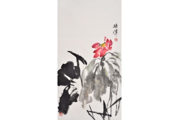 孙伟三尺竖幅写意花鸟画《荷花》