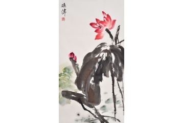 孙伟三尺竖幅写意花鸟画《荷花图》