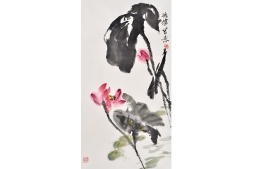孙伟三尺竖幅写意花鸟画《荷花图》