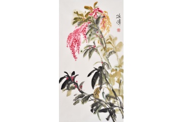 孙伟三尺竖幅写意花鸟画《红情绿意》