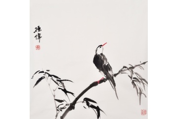 孙伟写意花鸟画竹子图《雀鸣竹林》