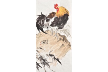 国家一级美术师 王文强四尺竖幅动物画国画公鸡《旭日东升》