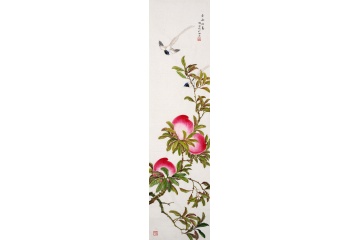 郑鸿光四尺竖幅国画寿桃图《金秋双寿》