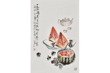 餐厅挂画 徐坤连不规则写意花鸟画《一壶清茶》