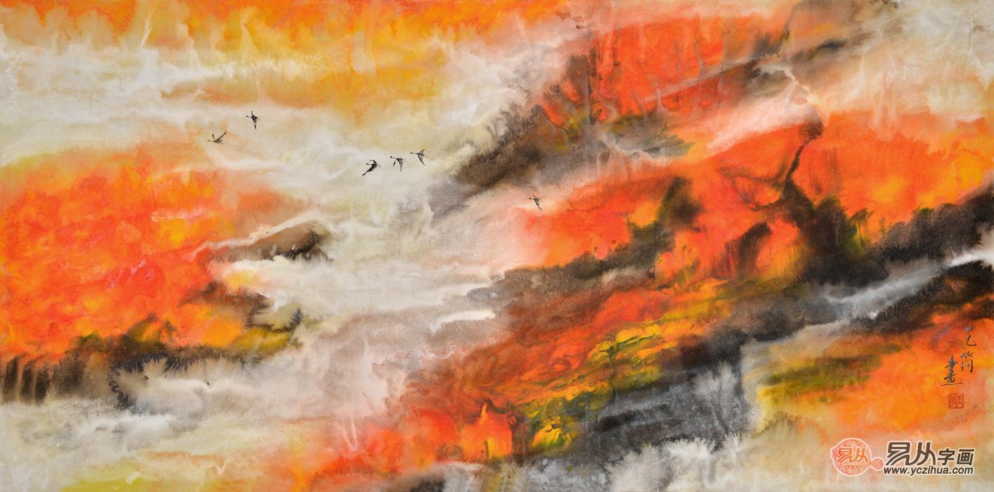 玉简四尺横幅花鸟画作品《自由的翱翔》