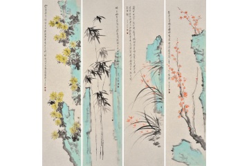 国画四君子 门第花鸟画作品《梅兰竹菊四条屏》