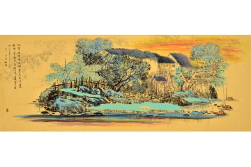家居装饰画 门第山水画作品《水净沙明晚泊船》