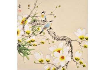 易水四尺斗方花鸟画玉兰喜鹊《双侣图》