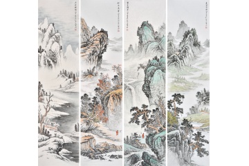 四季四条屏 王宁写意国画山水作品《春夏秋冬》