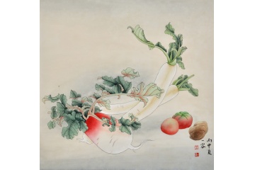 餐厅装饰画 王一容斗方花鸟画作品《蔬菜图》