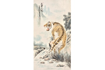 步步高升 王贵国六尺竖幅国画虎《王者之风》