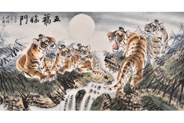 五虎送福 蒋伟六尺横幅动物画国画虎《五福临门》