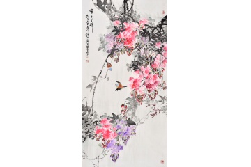 玄关走廊装饰画 诸明四尺竖副花鸟画紫藤图《紫玉呈祥》