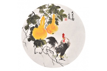 张金凤写意花鸟画公鸡葫芦《大吉图》