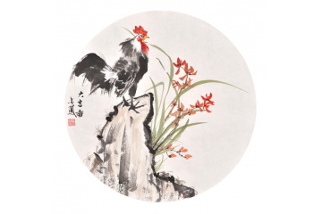 国画兰花 张金凤斗方花鸟画公鸡《大吉图》