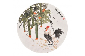 张金凤写意花鸟画公鸡丝瓜作品《大吉图》