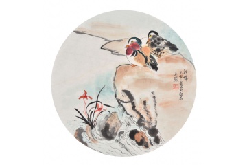家居挂画 张金凤斗方写意花鸟画《相伴》
